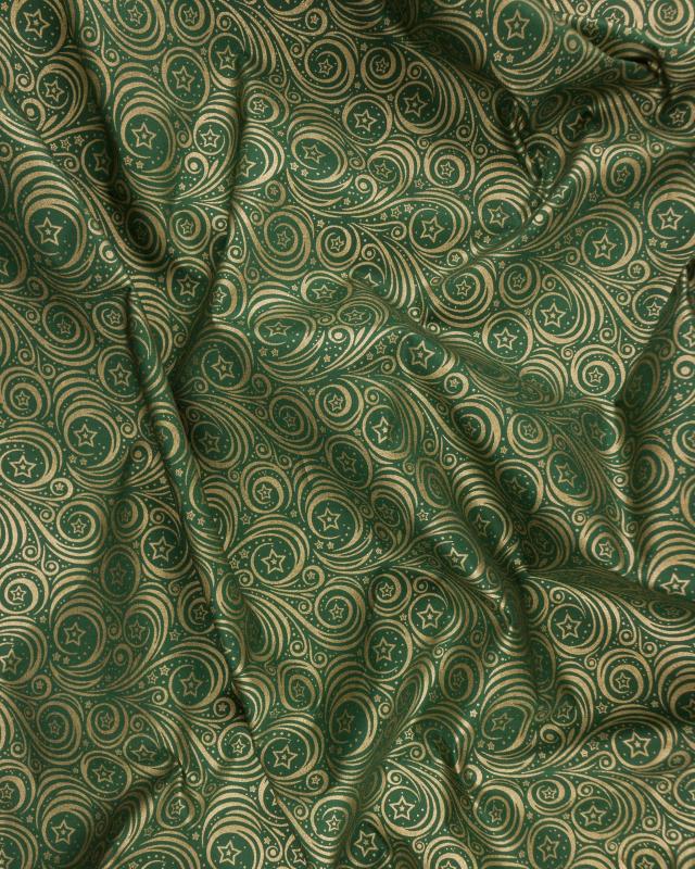 Cotton poplin with star print and Christmas swirl Green - Tissushop