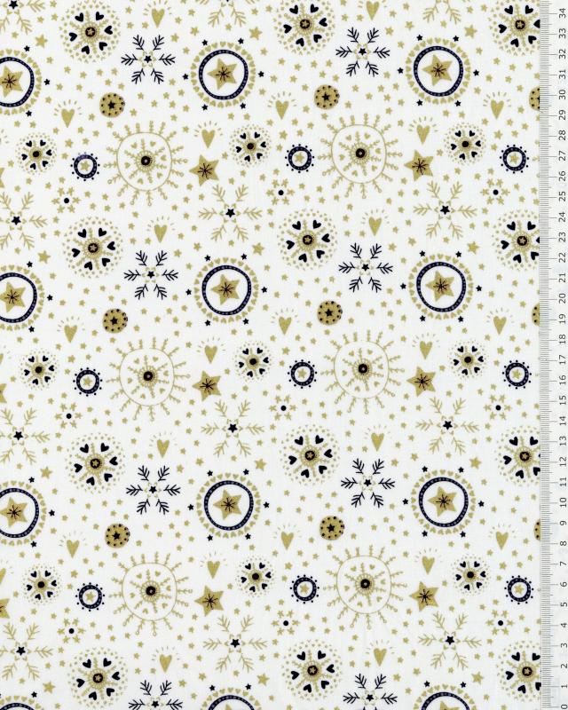 Cotton poplin with star print and Christmas snowflake Ivory - Tissushop