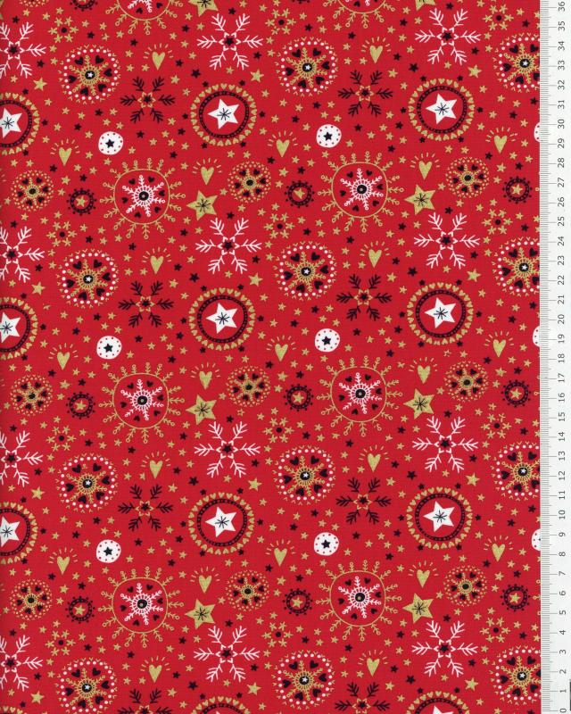 Cotton poplin with star print and Christmas snowflake Red - Tissushop