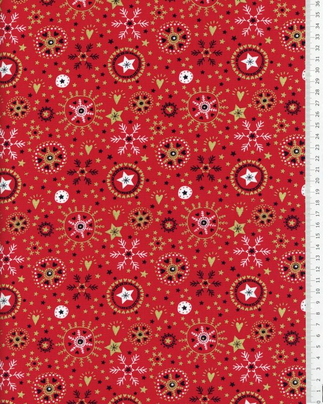 Cotton poplin with star print and Christmas snowflake Red - Tissushop