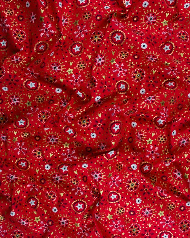 Cotton poplin with star print and Christmas snowflake Red - Tissushop