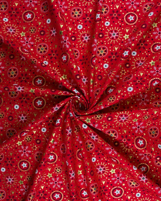 Cotton poplin with star print and Christmas snowflake Red - Tissushop