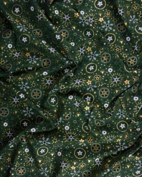 Cotton poplin with star print and Christmas snowflake Green - Tissushop