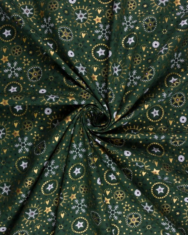 Cotton poplin with star print and Christmas snowflake Green - Tissushop