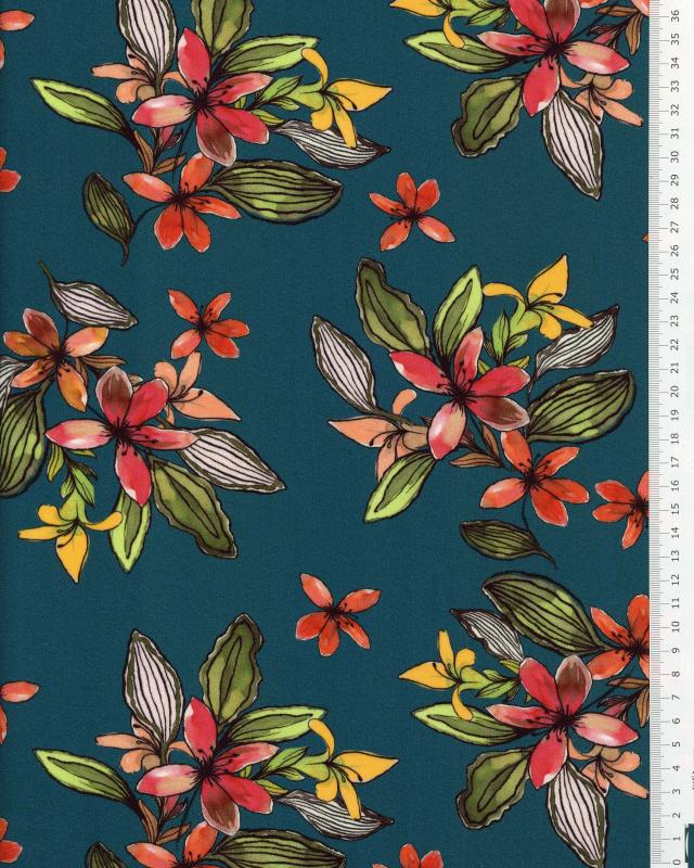 Viscose fleurs des îles Bleu Canard - Tissushop