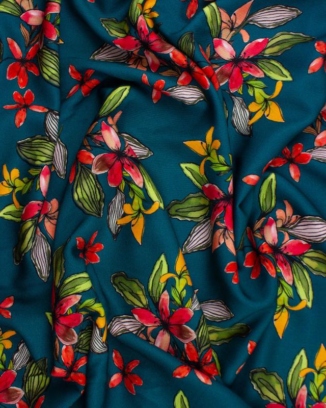 Viscose fleurs des îles Bleu Canard - Tissushop