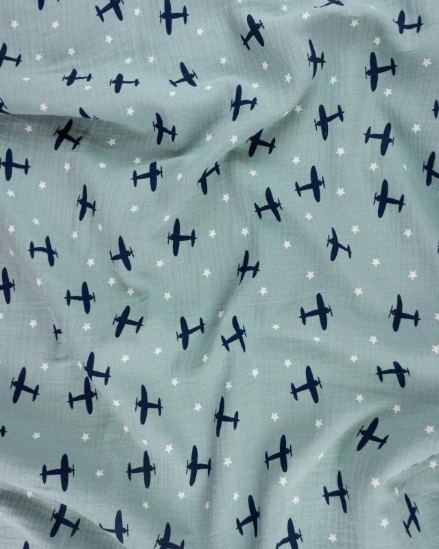 Muslin printed plane Eucalyptus Green - Tissushop