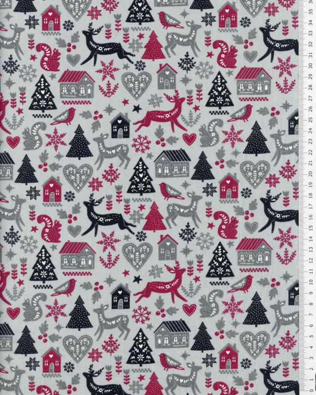 Cotton poplin Christmas in the mountains Bordeaux - Tissushop