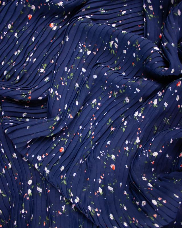 Small flowers printed pleated fabric Navy Blue - Tissushop