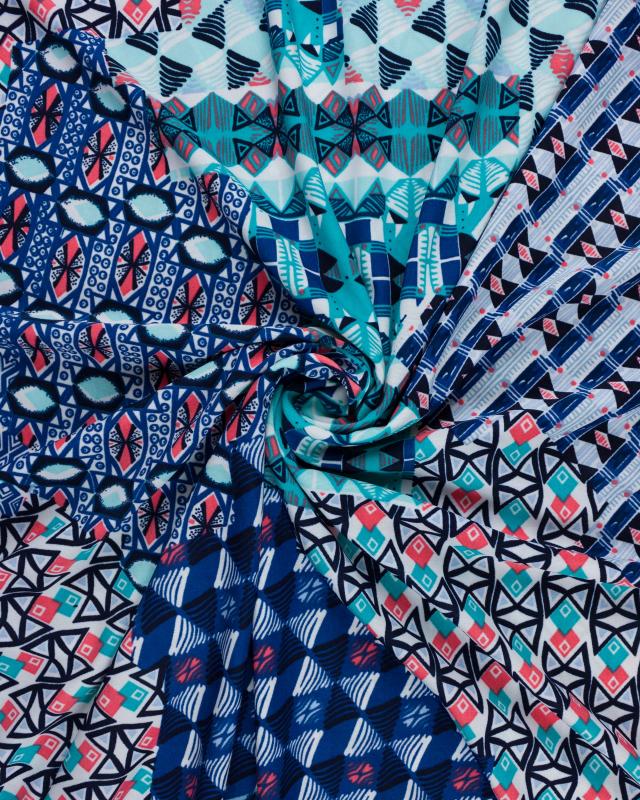 Jersey stretch motifs éthniques Bleu - Tissushop