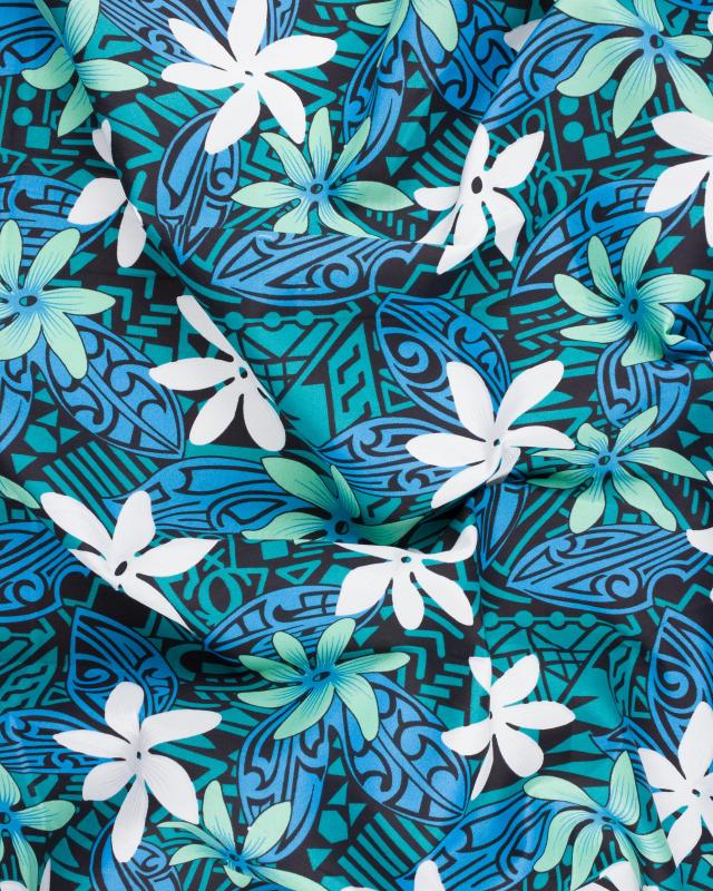 Tissu Polynésien TIARE Bleu Turquoise - Tissushop