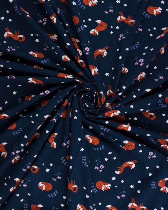 Jersey flowers and foxes Navy Blue - Tissushop