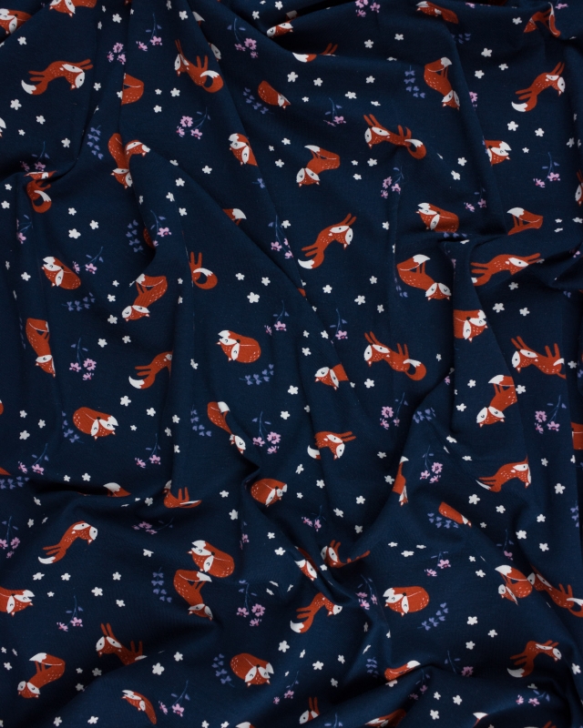 Jersey flowers and foxes Navy Blue - Tissushop
