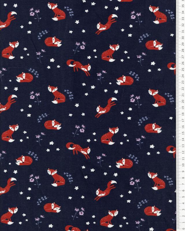 Jersey flowers and foxes Navy Blue - Tissushop