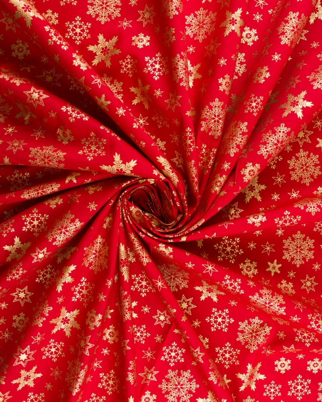 Popeline de coton Dorée flocon de noel Rouge - Tissushop