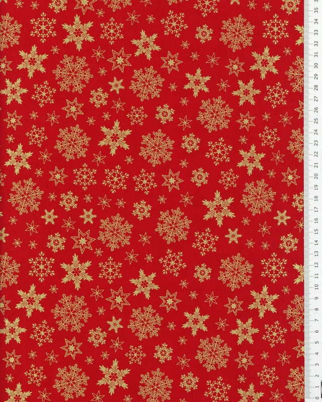 Golden Cotton popelin Christmas snowflakes Red - Tissushop