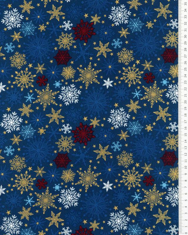 Cotton popelin Christmas multicolor snowflakes Blue - Tissushop