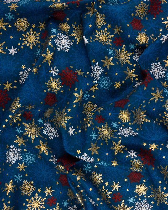 Cotton popelin Christmas multicolor snowflakes Blue - Tissushop