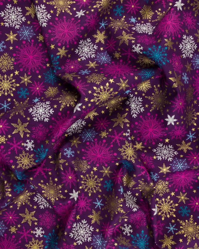 Cotton popelin Christmas multicolor snowflakes Purple - Tissushop