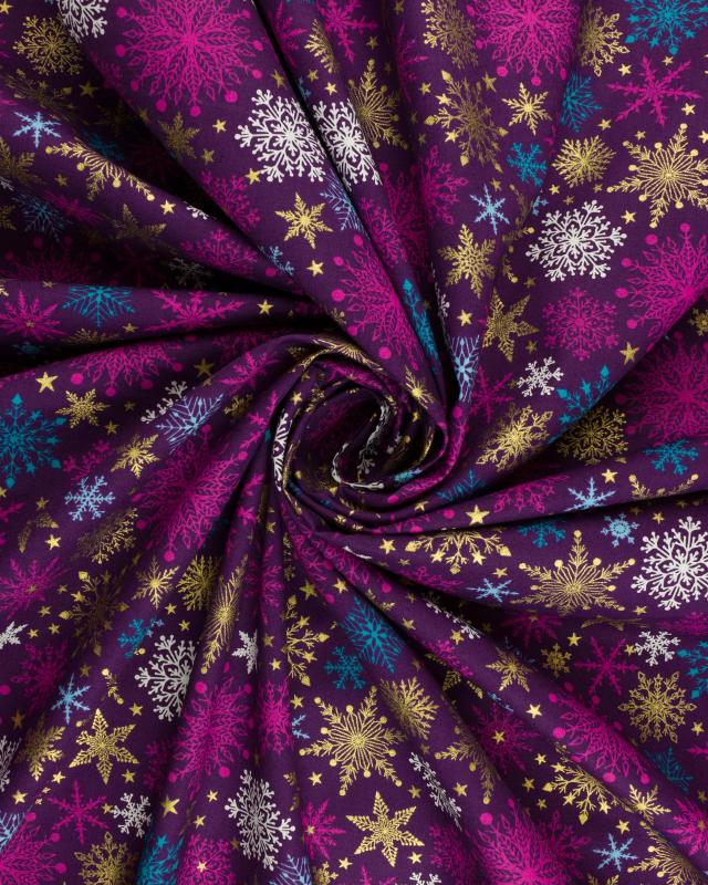 Cotton popelin Christmas multicolor snowflakes Purple - Tissushop