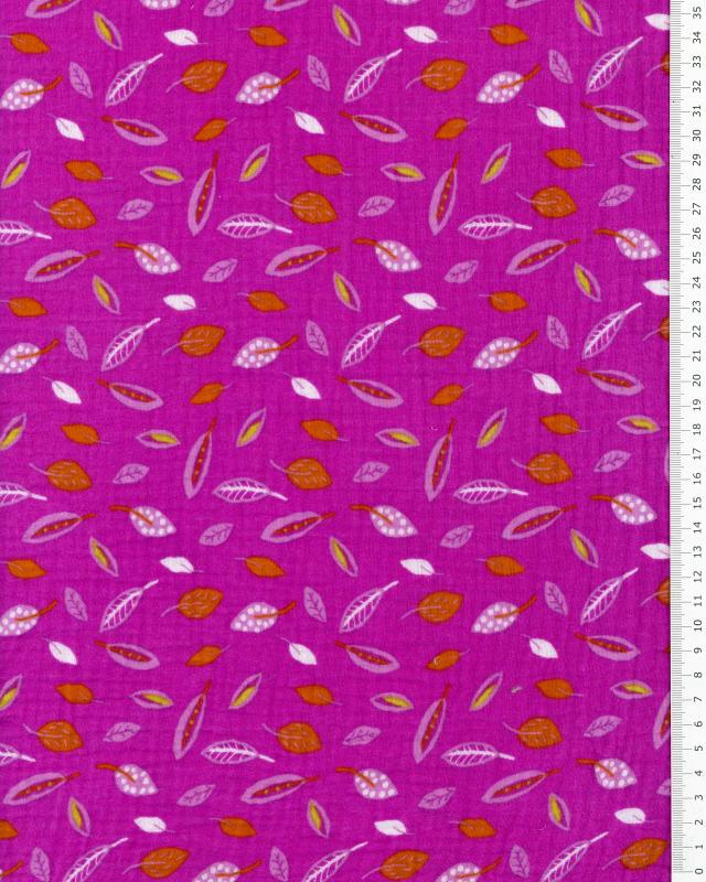 Double gaze imprimée petites feuilles Fuchsia - Tissushop