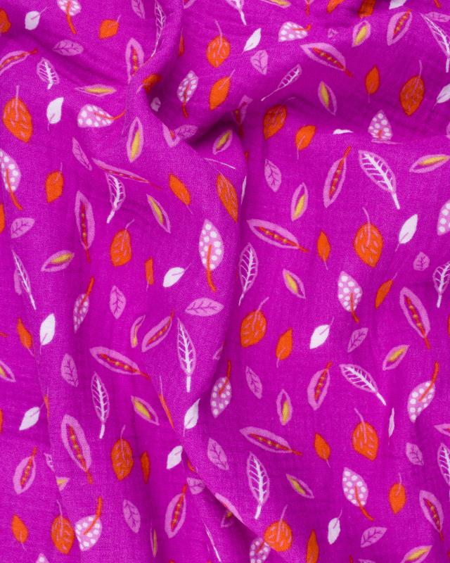 Small leaves printed Double gauze Fuchsia - Tissushop