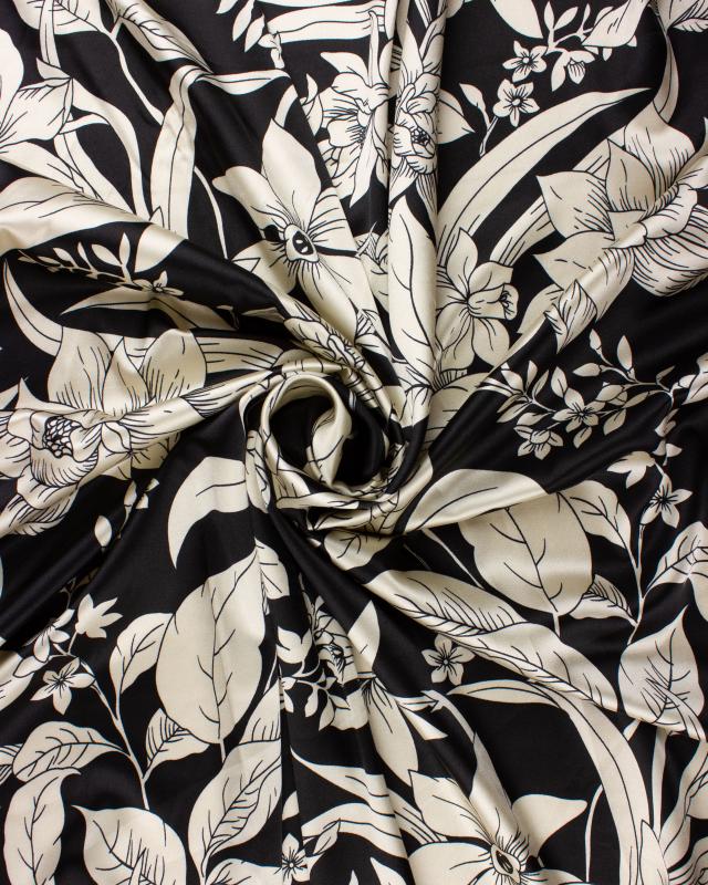 Satin imprimé Fleuri Noir - Tissushop