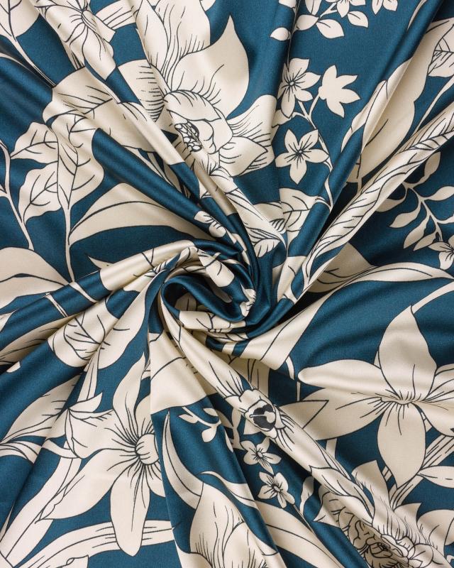 Satin imprimé Fleuri Bleu Marine - Tissushop