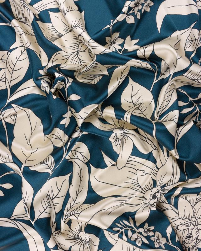 Satin imprimé Fleuri Bleu Marine - Tissushop