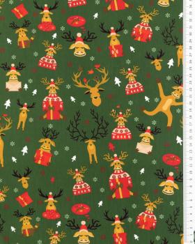 Popeline de coton rennes de noël Vert Sapin - Tissushop
