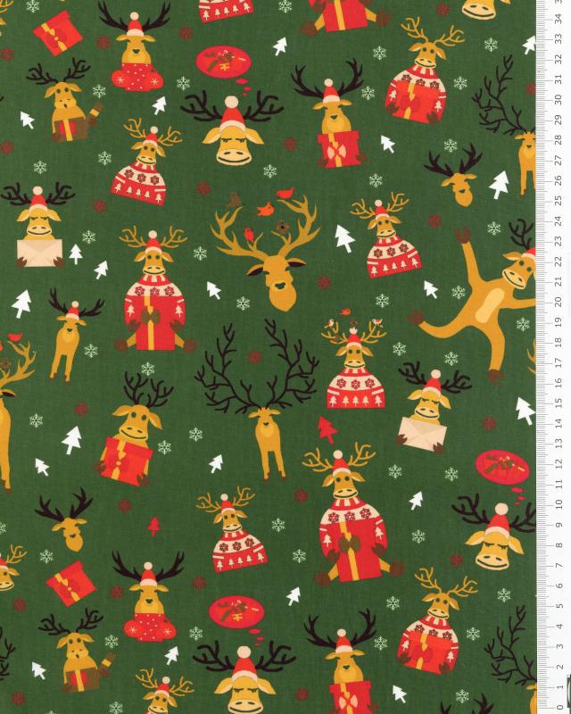 Popeline de coton rennes de noël Vert Sapin - Tissushop