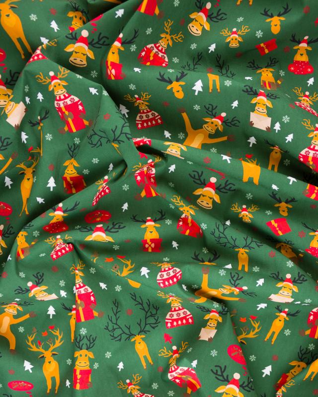 Popeline de coton rennes de noël Vert Sapin - Tissushop
