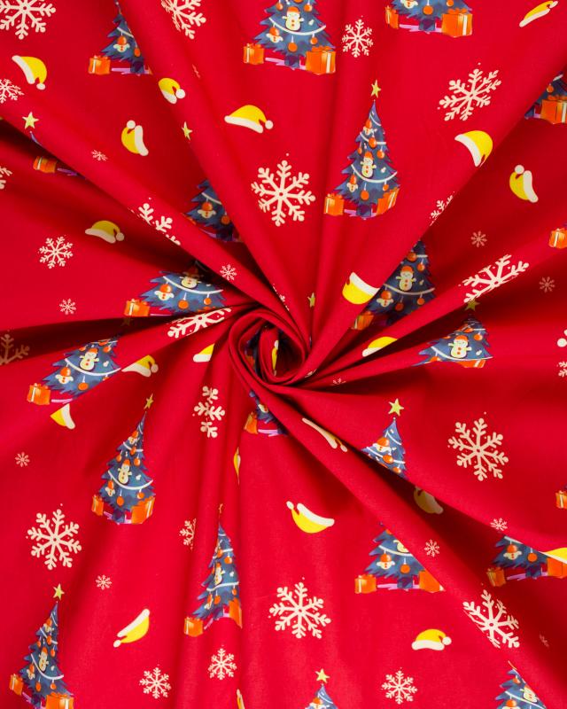 Popeline de coton sapin et flocon de noël Rouge - Tissushop