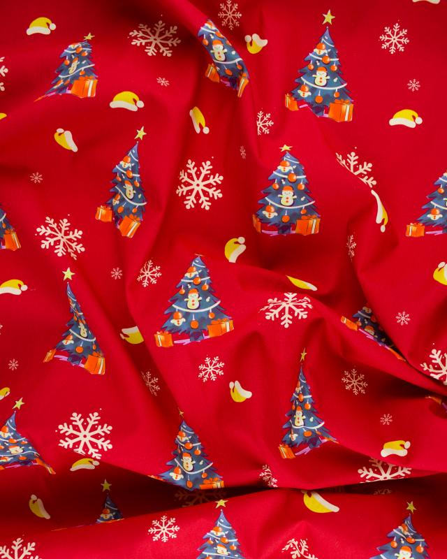 Popeline de coton sapin et flocon de noël Rouge - Tissushop
