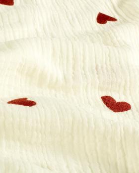 Double Gaze Brodée Petits Coeurs Ivoire - Tissushop