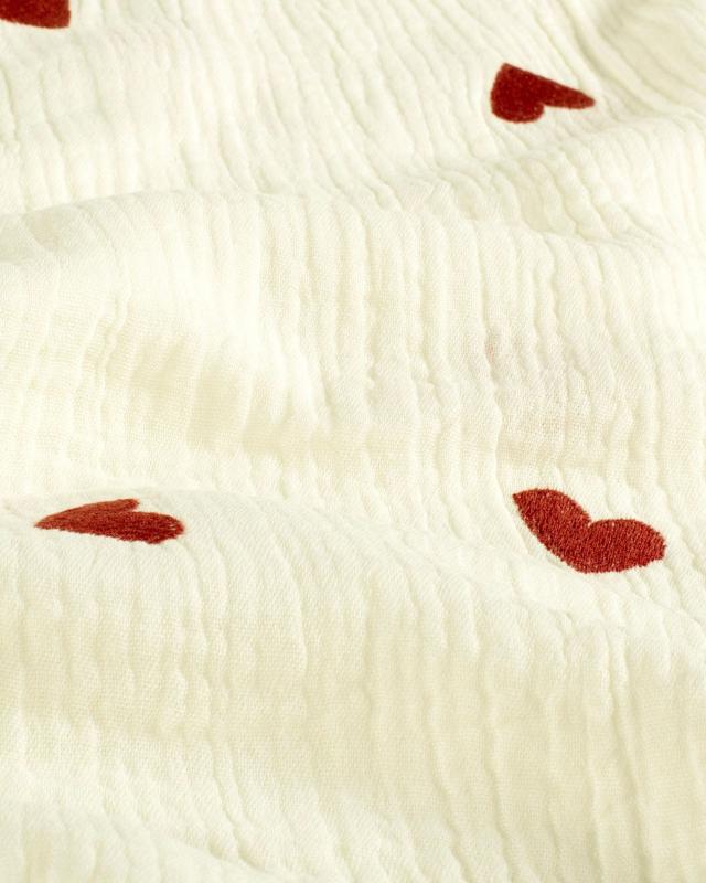 Double Gaze Brodée Petits Coeurs Ivoire - Tissushop