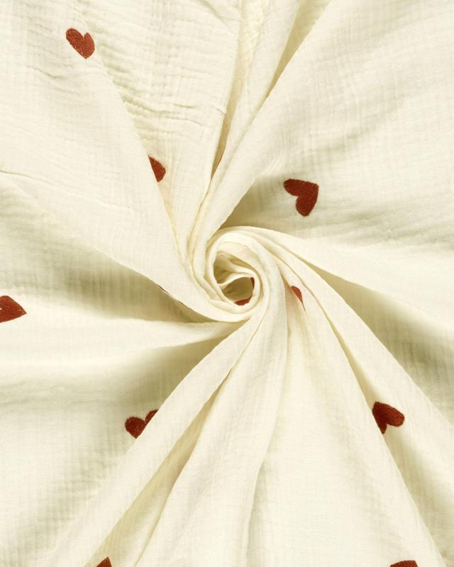 Double Gaze Brodée Petits Coeurs Ivoire - Tissushop