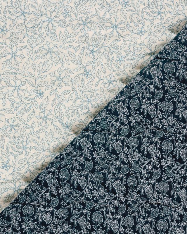 Muslin Bounded Fabric Reversible Printed Flowers white and blue - Tissushop