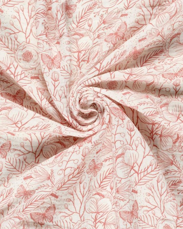 Double gauze flowers and butterfly pattern in 140 cm width Pink - Tissushop