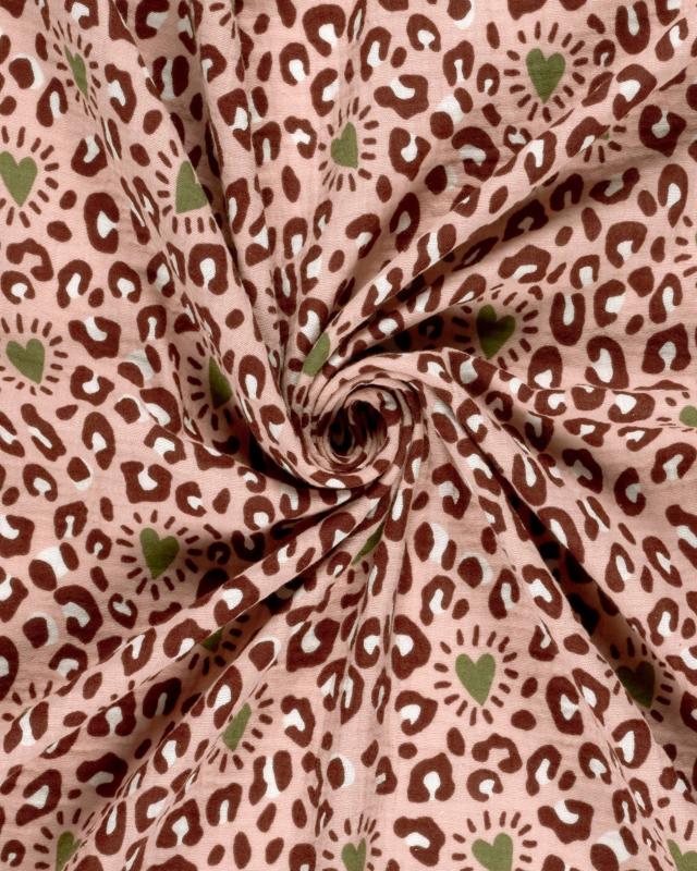 Double gaze imprimée panthère et coeurs en 140 cm Rose - Tissushop