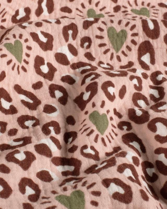 Double gaze imprimée panthère et coeurs en 140 cm Rose - Tissushop