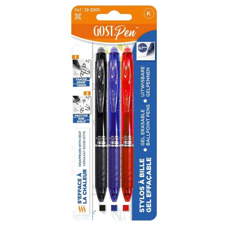 Set of 3 erasable ballpoint pens 0.7 mm - Black / Blue / Red - Tissushop