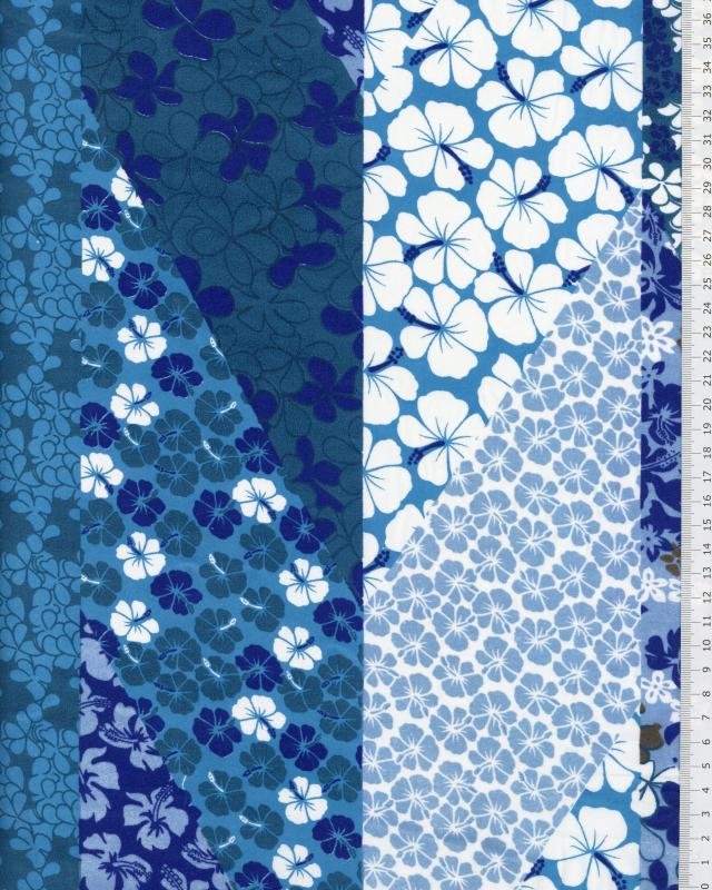 Tissu Polynésien PATCHWORK FLEURS Bleu - Tissushop
