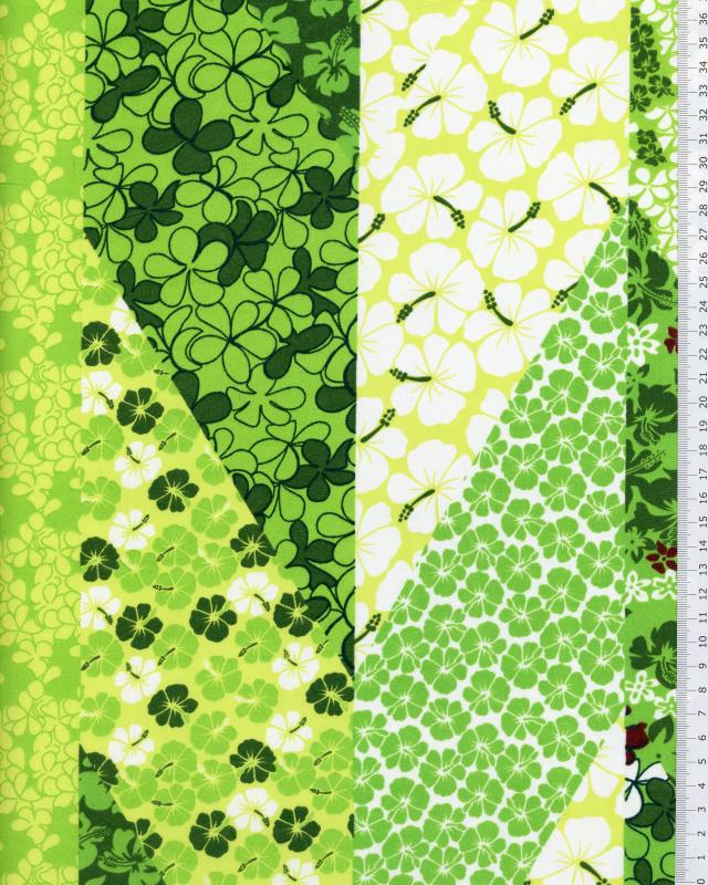 Tissu Polynésien PATCHWORK FLEURS Vert - Tissushop