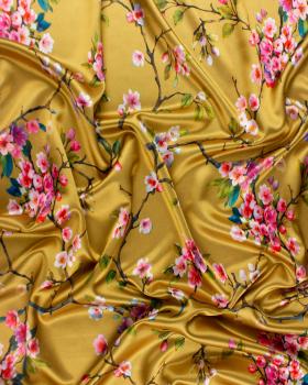 Satin with flowers print on backgroud Golden - Tissushop