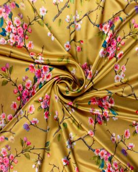 Satin with flowers print on backgroud Golden - Tissushop