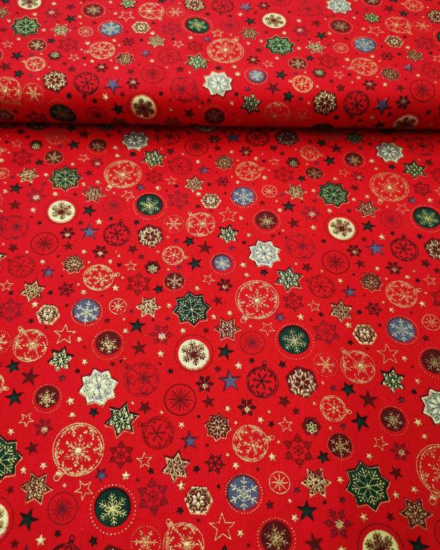 Cotton printed stars and Christmas balls Red - Tissushop