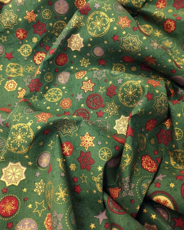 Cotton printed stars and Christmas balls Green - Tissushop